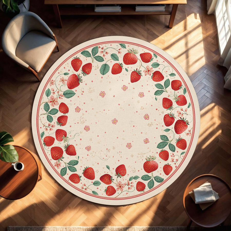 Round Strawberry Rug, Cottagecore Fruit Area Carpet, Vintage Botanical Floor Mat, Floral Nursery Rug, Summer Kitchen Decor