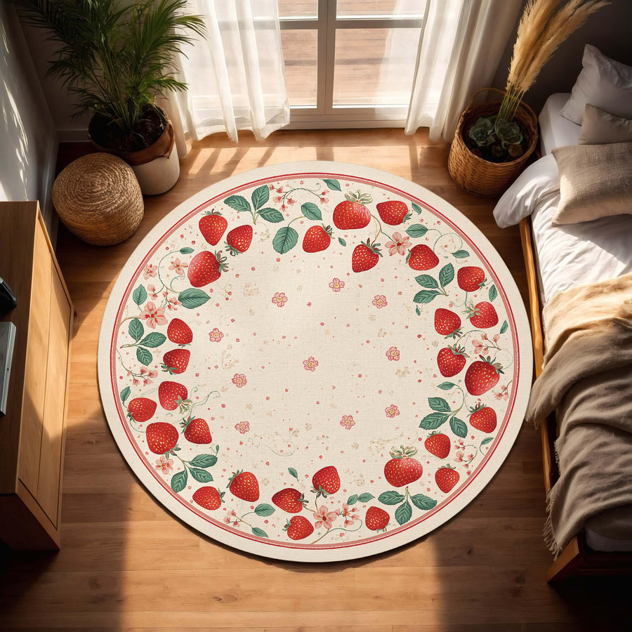 Round Strawberry Rug, Cottagecore Fruit Area Carpet, Vintage Botanical Floor Mat, Floral Nursery Rug, Summer Kitchen Decor