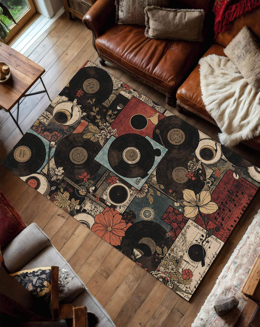 Vintage Vinyl Record Rug, Retro Music Area Carpet, Floral Album Cover Floor Mat, Boho Living Room Decor, Musician Gift Rug for Cozy Home