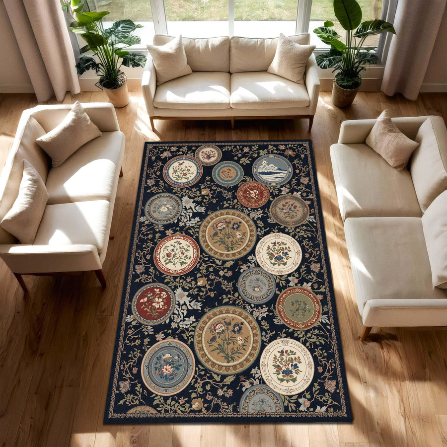 Vintage Plate Pattern Area Rug, Navy Botanical Floral Carpet, Decorative Ceramic Plate Design Rug, Cottagecore Living Room Decor