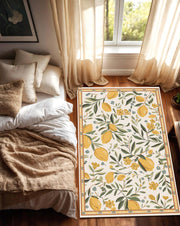 Lemon Floral Area Rug, Botanical Citrus Living Room Carpet, Mediterranean Farmhouse Floor Decor, Yellow Green Fruit Print Rug for Kitchen