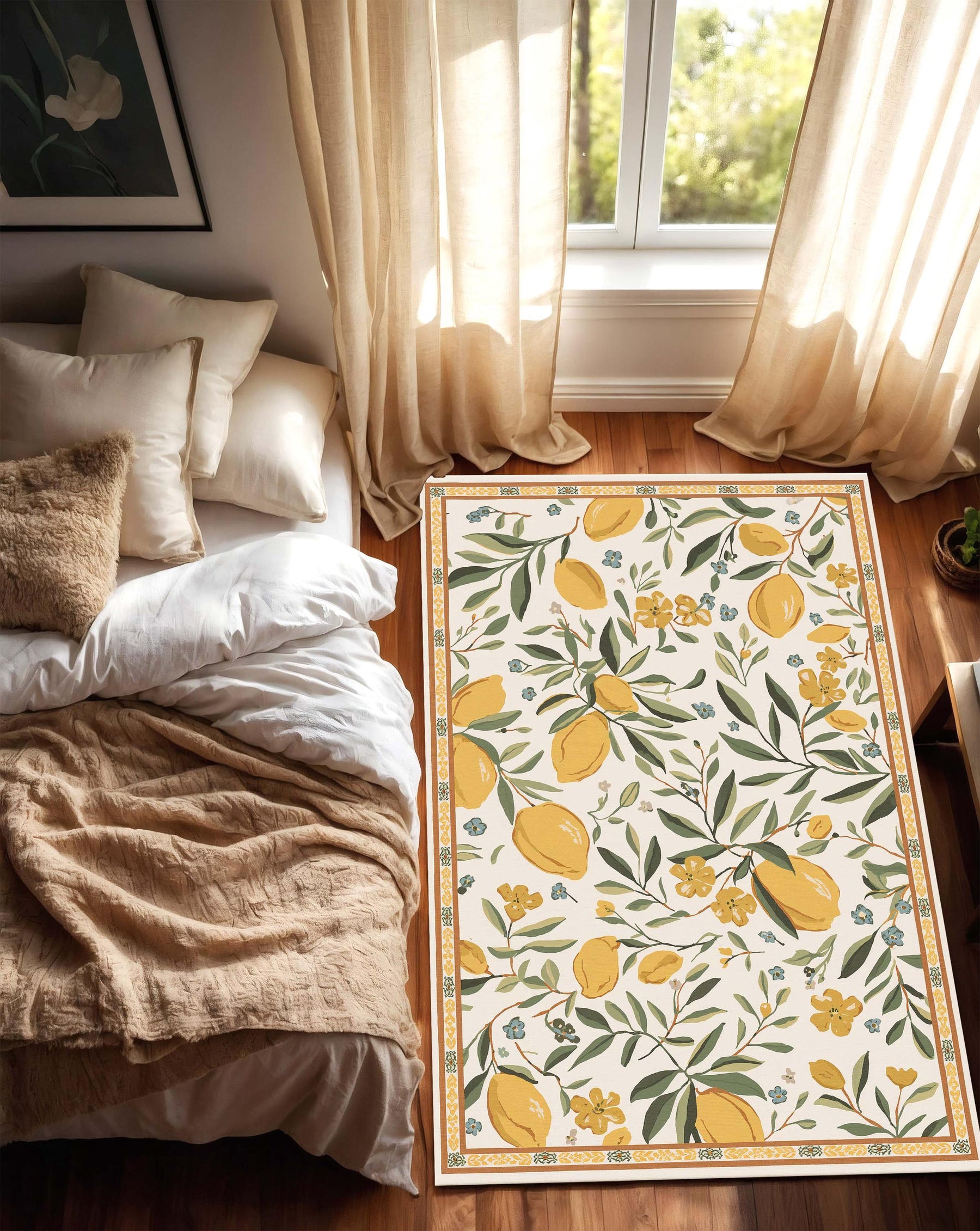 Lemon Floral Area Rug, Botanical Citrus Living Room Carpet, Mediterranean Farmhouse Floor Decor, Yellow Green Fruit Print Rug for Kitchen