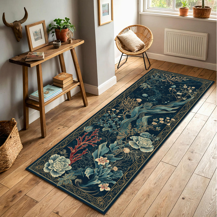 Ocean Botanical Runner Rug, Navy Teal Coral Floral Area Rug, Vintage Coastal Seaweed Carpet for Hallway Bedroom Living Room Home Decor