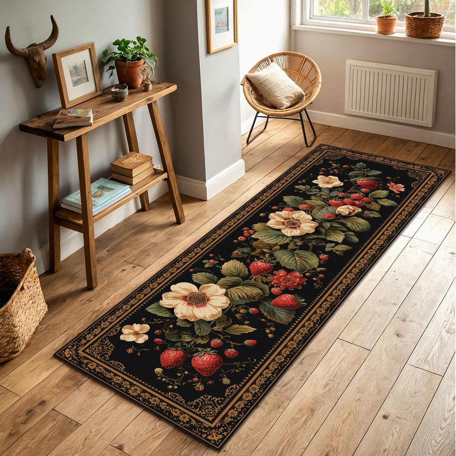 Strawberry Floral Runner Rug, Black Vintage Botanical Area Rug, Cottagecore Kitchen Hallway Rug, Elegant Dark Floral Carpet, Home Decor