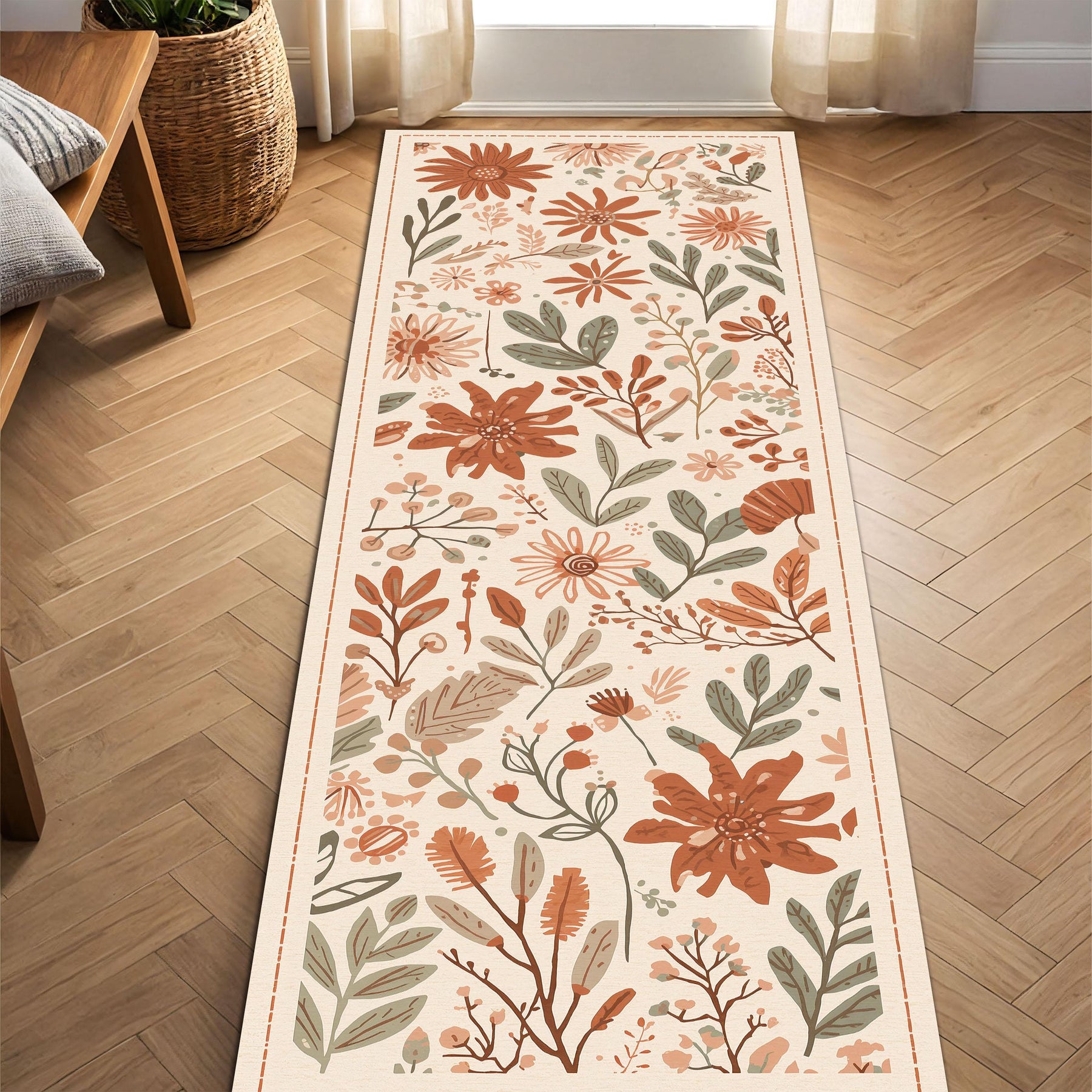 Floral Runner Rug, Terracotta Sage Botanical Hallway Carpet, Boho Wildflower Kitchen Rug, Washable Long Area Rug for Entryway Decor