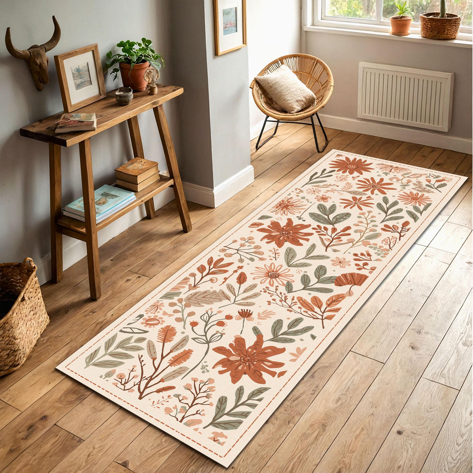Floral Runner Rug, Terracotta Sage Botanical Hallway Carpet, Boho Wildflower Kitchen Rug, Washable Long Area Rug for Entryway Decor