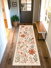 Floral Runner Rug, Terracotta Sage Botanical Hallway Carpet, Boho Wildflower Kitchen Rug, Washable Long Area Rug for Entryway Decor