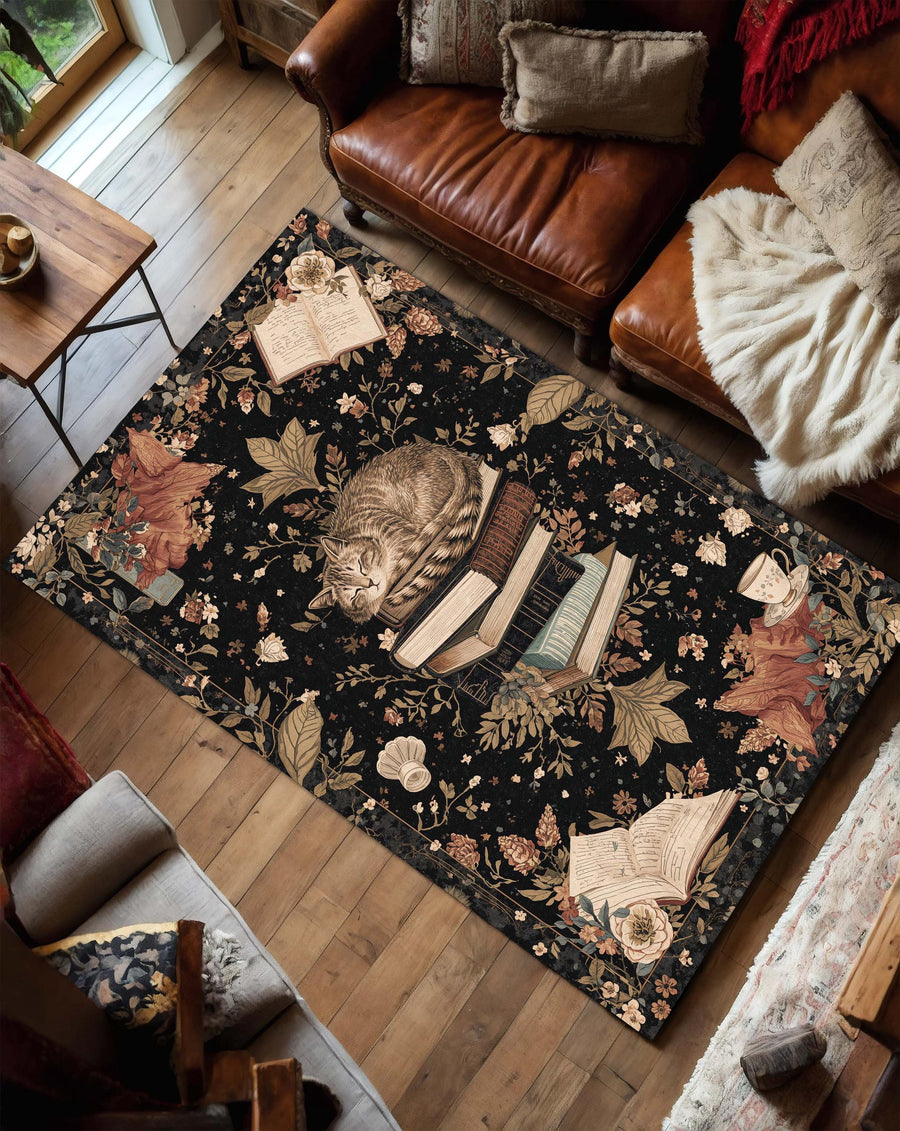Book Lover Cat Rug, Vintage Floral Area Rug, Dark Cottagecore Reading Nook Carpet, Cozy Library Decor, Botanical Home Accent Gift Rug