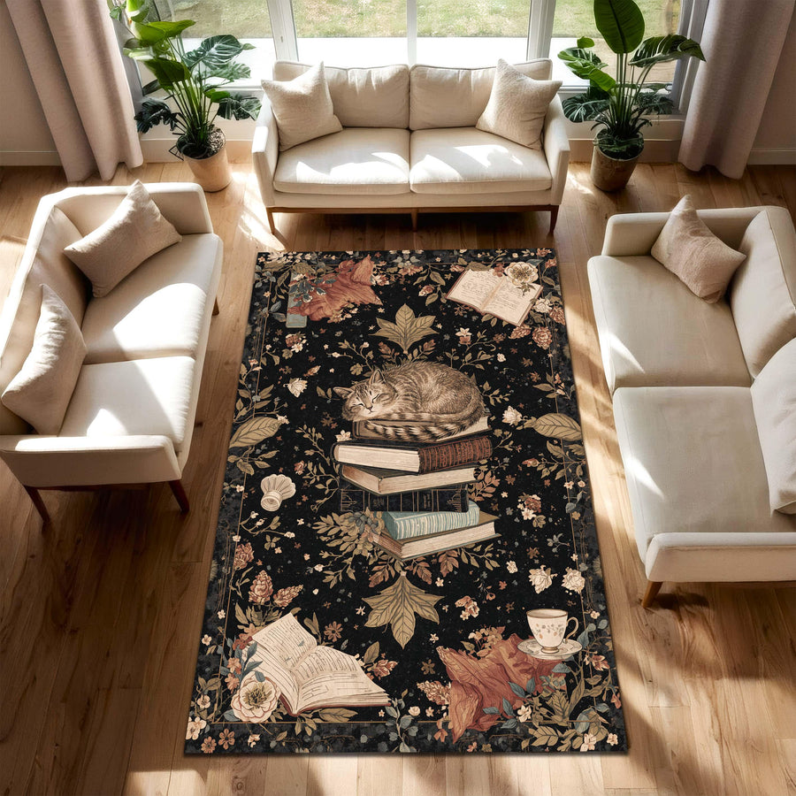 Book Lover Cat Rug, Vintage Floral Area Rug, Dark Cottagecore Reading Nook Carpet, Cozy Library Decor, Botanical Home Accent Gift Rug