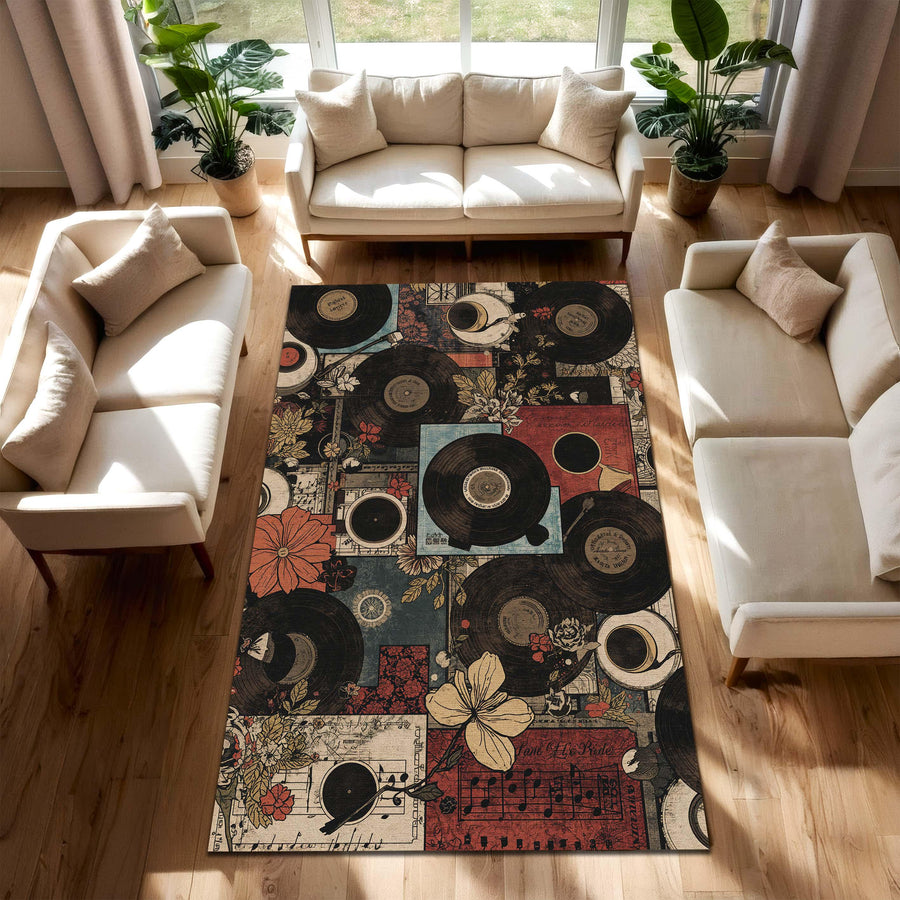 Vintage Vinyl Record Rug, Retro Music Area Carpet, Floral Album Cover Floor Mat, Boho Living Room Decor, Musician Gift Rug for Cozy Home