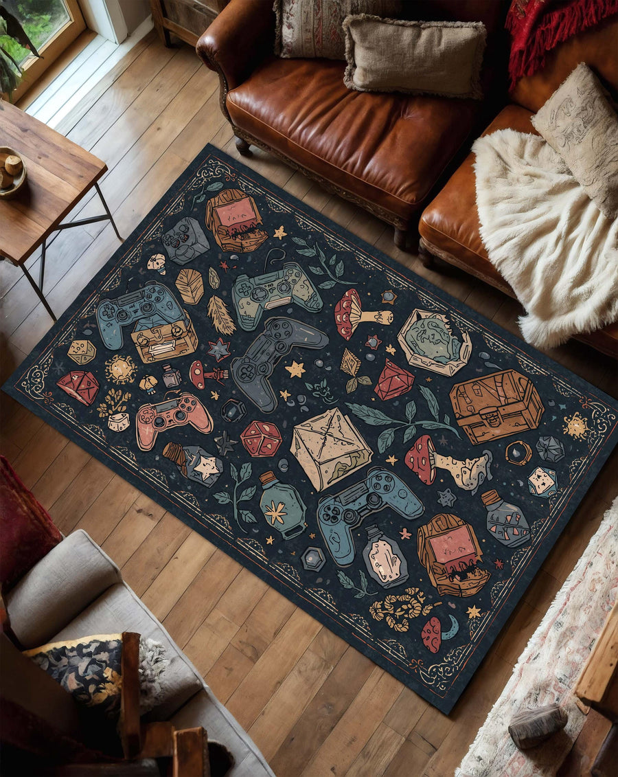 Gamer Area Rug, Fantasy Game Controller Carpet, Dark Cottagecore Gaming Room Decor, DnD Inspired Playroom Rug, Nerdy Gift for Gamers