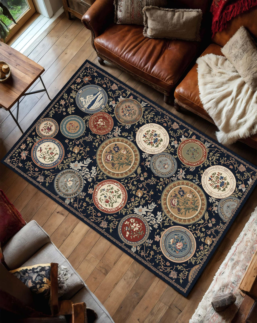 Vintage Plate Pattern Area Rug, Navy Botanical Floral Carpet, Decorative Ceramic Plate Design Rug, Cottagecore Living Room Decor