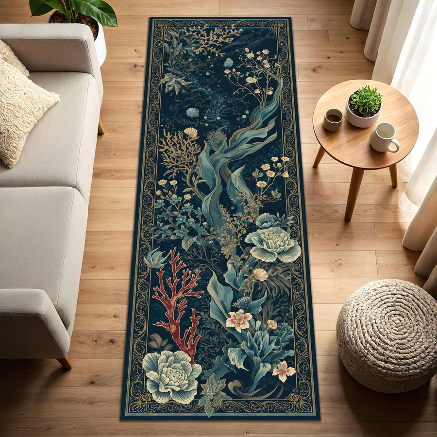 Ocean Botanical Runner Rug, Navy Teal Coral Floral Area Rug, Vintage Coastal Seaweed Carpet for Hallway Bedroom Living Room Home Decor