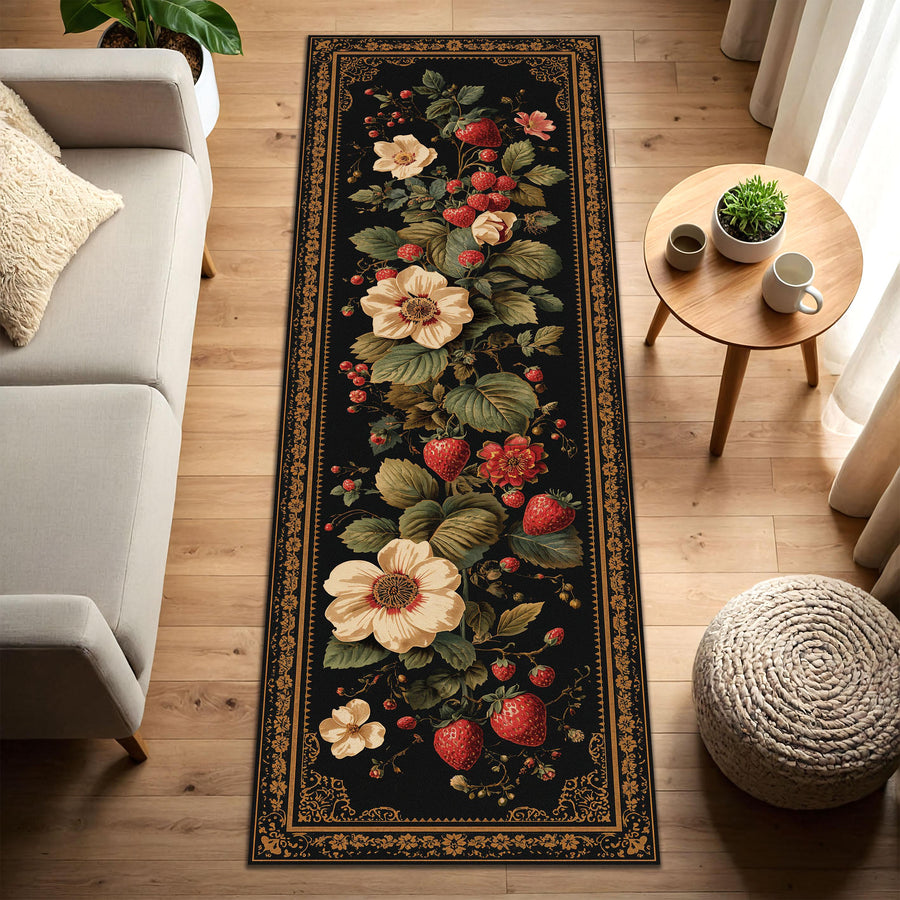 Strawberry Floral Runner Rug, Black Vintage Botanical Area Rug, Cottagecore Kitchen Hallway Rug, Elegant Dark Floral Carpet, Home Decor