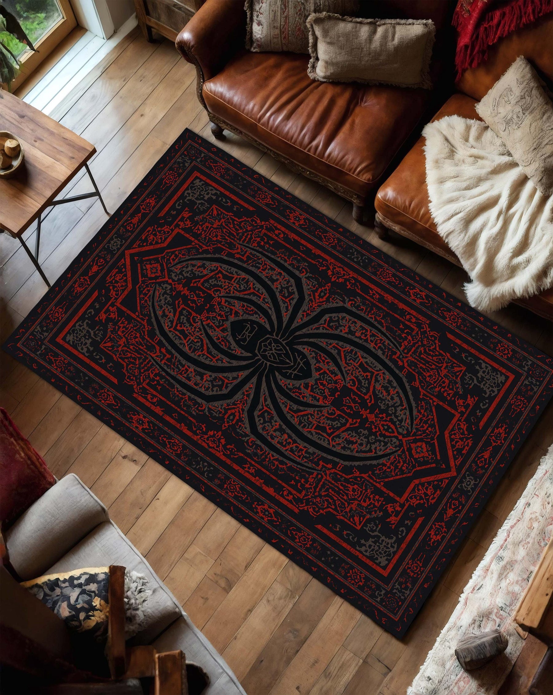 Spider Rug Gothic Red Black Area Rug, Dark Academia Living Room Carpet, Halloween Home Decor, Witchy Occult Floor Accent Mat for Rooms