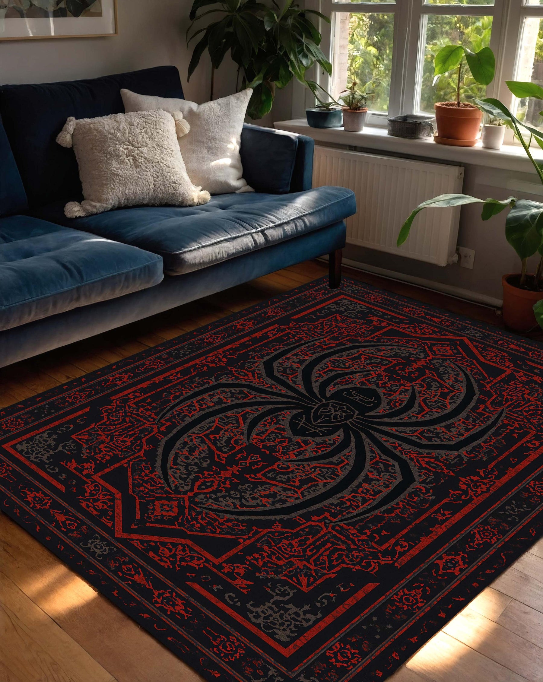 Spider Rug Gothic Red Black Area Rug, Dark Academia Living Room Carpet, Halloween Home Decor, Witchy Occult Floor Accent Mat for Rooms