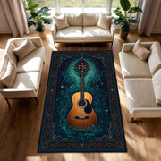 Boho Guitar Area Rug, Teal Navy Musician Carpet, Acoustic Guitar Floor Decor, Vintage Music Room Rug, Gift for Guitar Lovers, Boho Decor