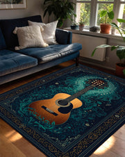 Boho Guitar Area Rug, Teal Navy Musician Carpet, Acoustic Guitar Floor Decor, Vintage Music Room Rug, Gift for Guitar Lovers, Boho Decor
