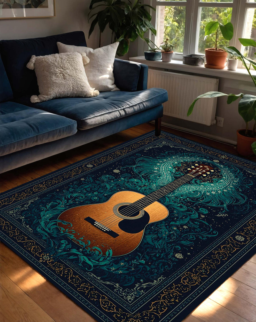 Boho Guitar Area Rug, Teal Navy Musician Carpet, Acoustic Guitar Floor Decor, Vintage Music Room Rug, Gift for Guitar Lovers, Boho Decor