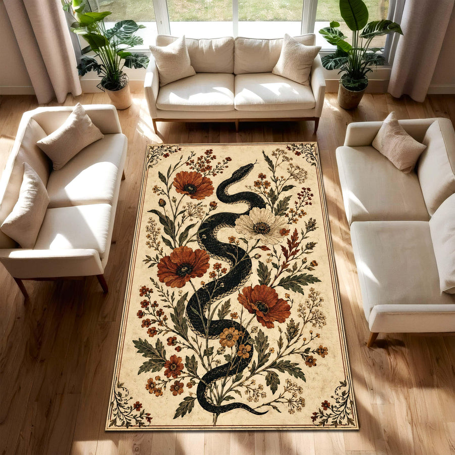 Vintage Snake Floral Area Rug, Gothic Botanical Carpet, Dark Academia Home Decor, Boho Wildflower Floor Rug, Witchy Living Room Rug Artwork