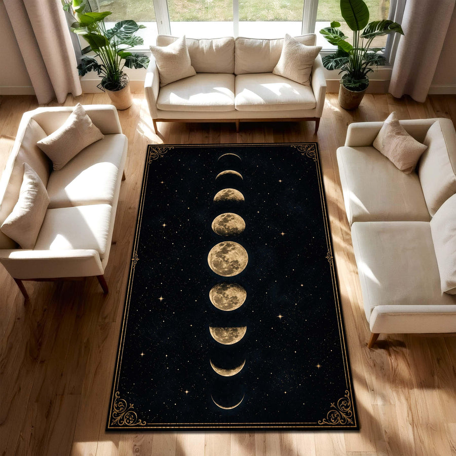 Moon Phase Area Rug, Celestial Black and Gold Carpet, Witchy Gothic Home Decor, Lunar Cycle Floor Mat, Mystical Starry Bedroom Accent