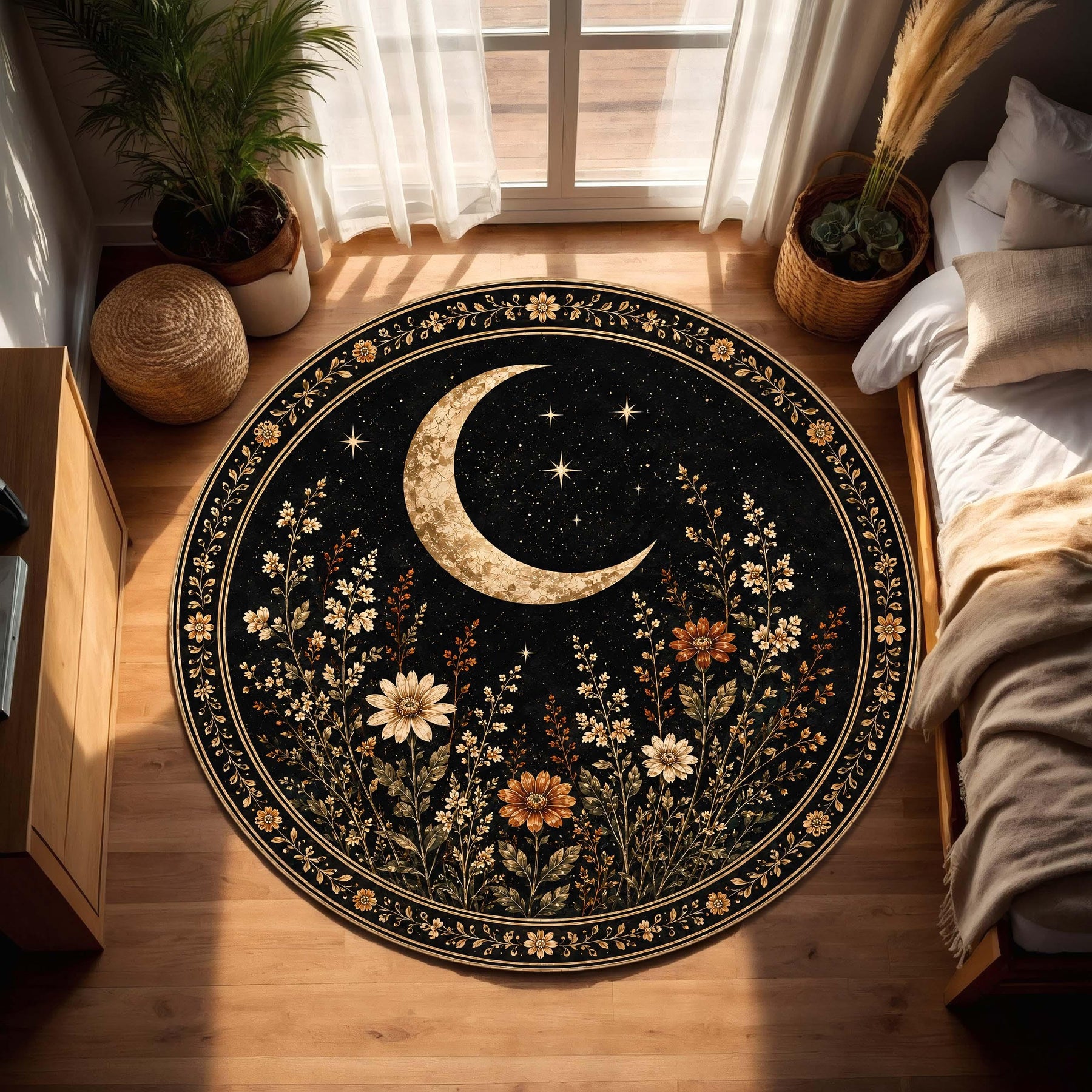 Celestial Moon Round Rug, Black Floral Area Carpet, Gothic Botanical Decor, Witchy Star Floor Mat, Dark Academia Living Room Accent