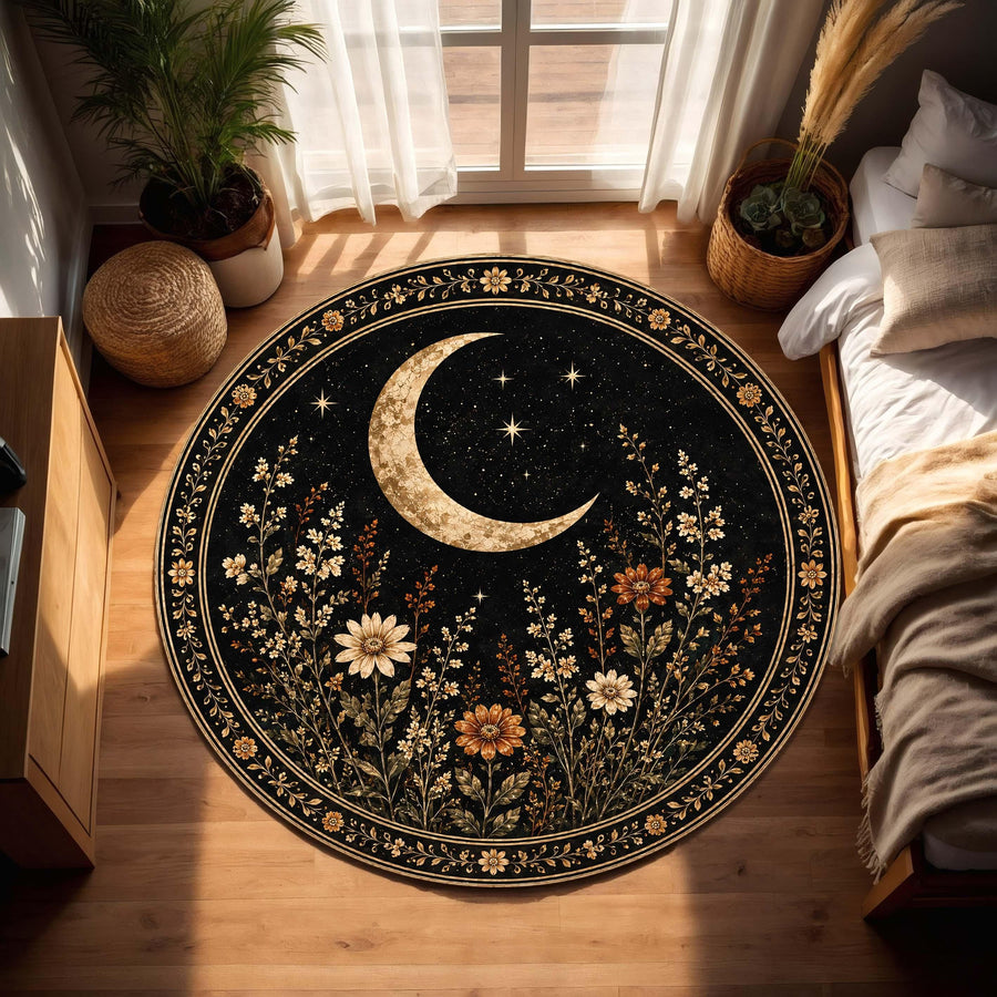 Celestial Moon Round Rug, Black Floral Area Carpet, Gothic Botanical Decor, Witchy Star Floor Mat, Dark Academia Living Room Accent