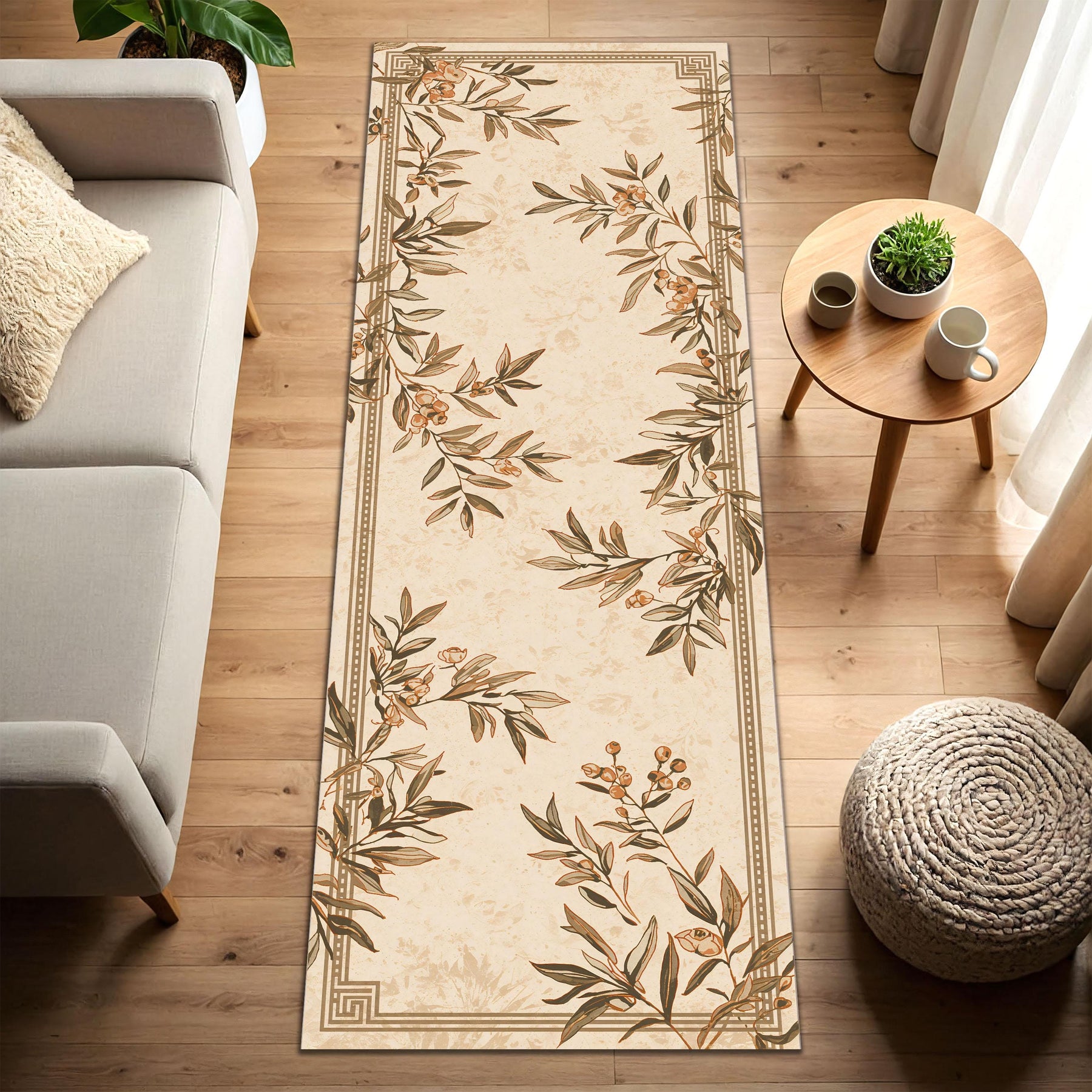 Botanical Runner Rug, Beige Floral Hallway Carpet, Vintage Leaf Kitchen Rug, Neutral Cottagecore Entryway Decor, Boho Floor Rug Accent