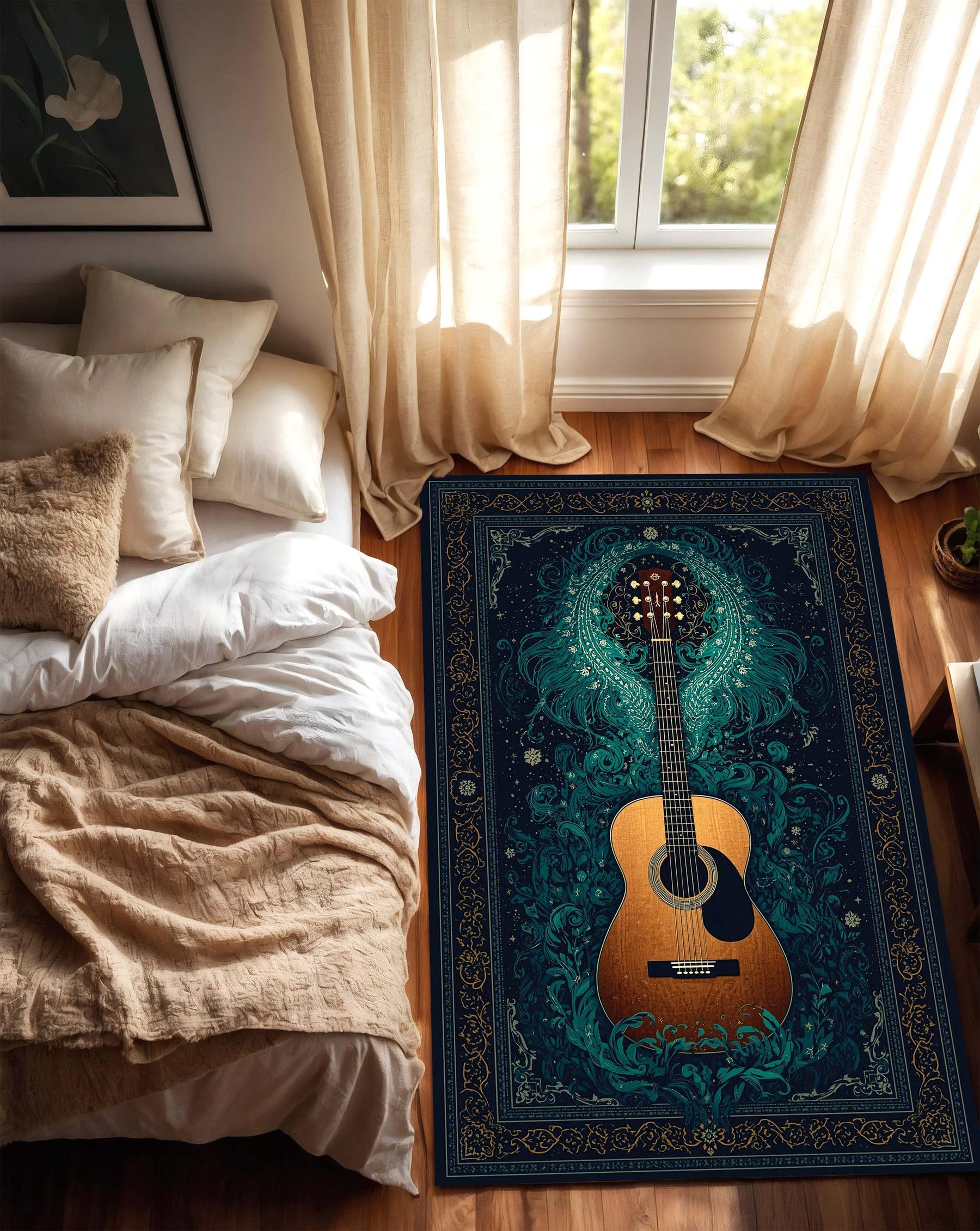 Boho Guitar Area Rug, Teal Navy Musician Carpet, Acoustic Guitar Floor Decor, Vintage Music Room Rug, Gift for Guitar Lovers, Boho Decor