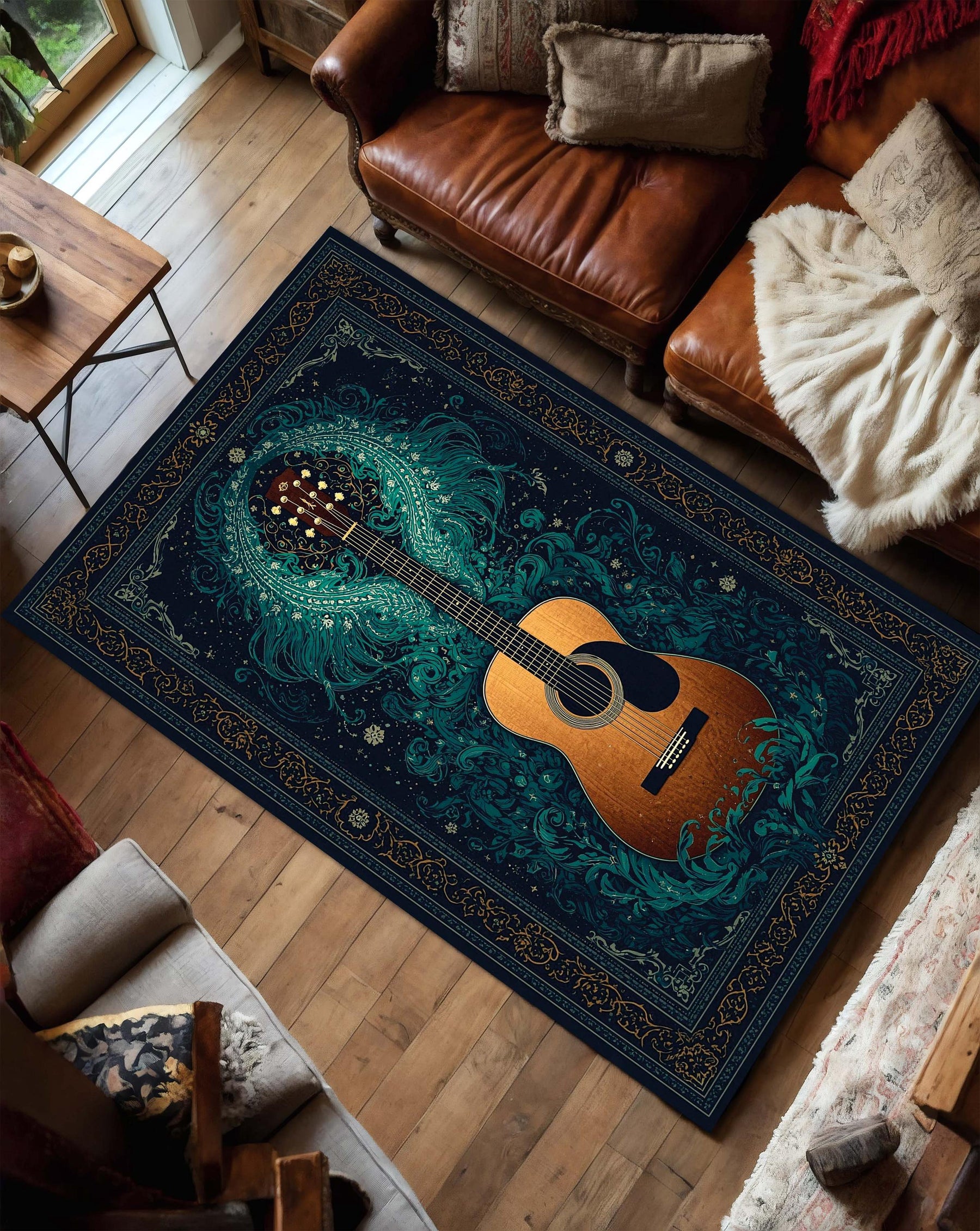 Boho Guitar Area Rug, Teal Navy Musician Carpet, Acoustic Guitar Floor Decor, Vintage Music Room Rug, Gift for Guitar Lovers, Boho Decor