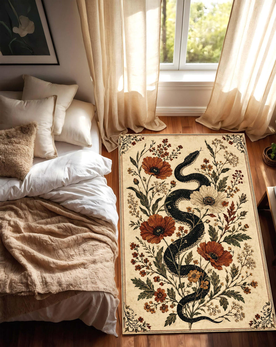 Vintage Snake Floral Area Rug, Gothic Botanical Carpet, Dark Academia Home Decor, Boho Wildflower Floor Rug, Witchy Living Room Rug Artwork