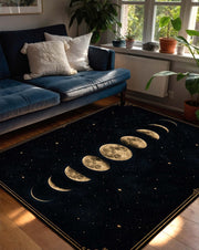 Moon Phase Area Rug, Celestial Black and Gold Carpet, Witchy Gothic Home Decor, Lunar Cycle Floor Mat, Mystical Starry Bedroom Accent