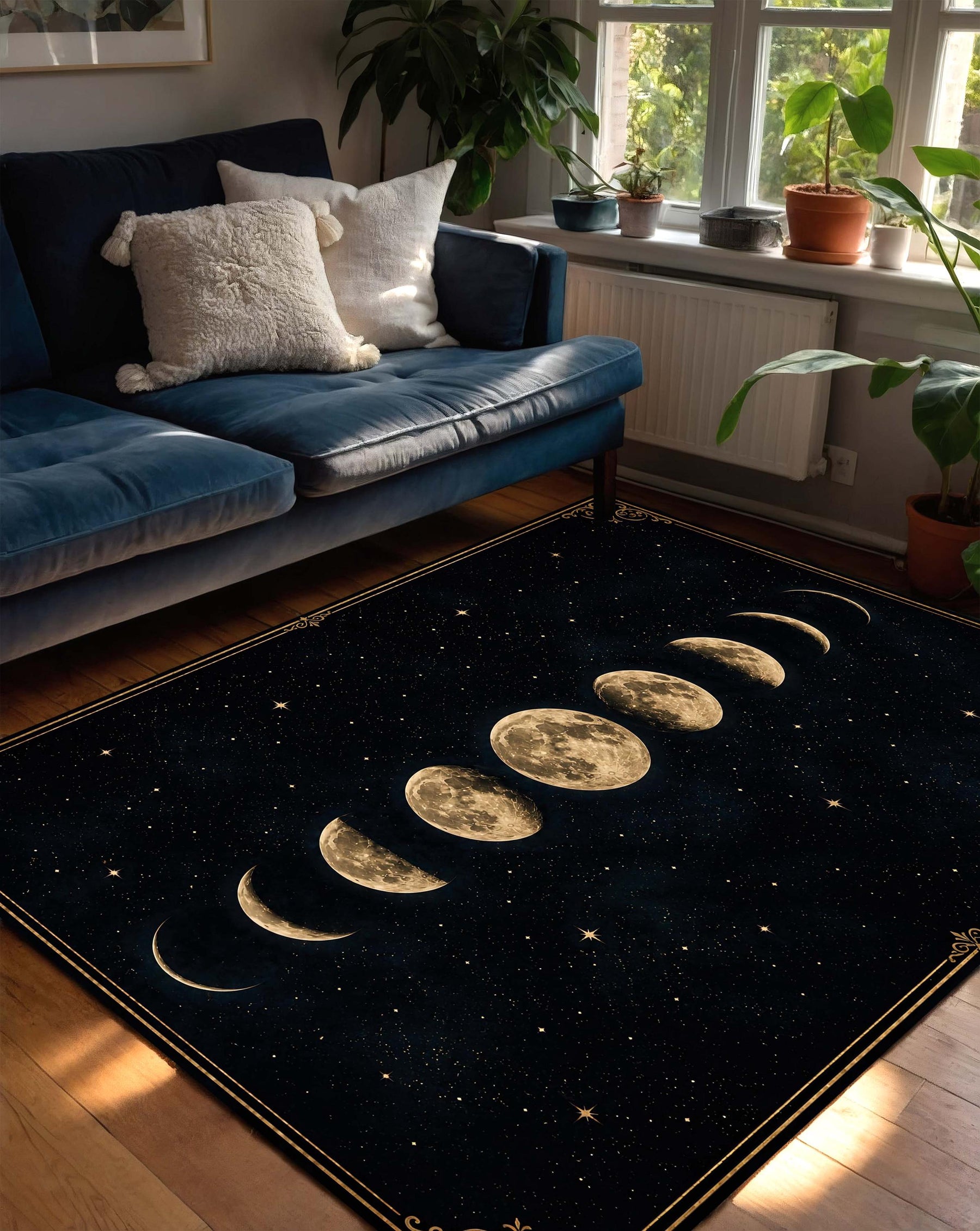Moon Phase Area Rug, Celestial Black and Gold Carpet, Witchy Gothic Home Decor, Lunar Cycle Floor Mat, Mystical Starry Bedroom Accent