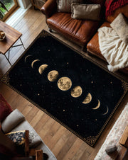 Moon Phase Area Rug, Celestial Black and Gold Carpet, Witchy Gothic Home Decor, Lunar Cycle Floor Mat, Mystical Starry Bedroom Accent