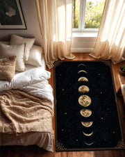 Moon Phase Area Rug, Celestial Black and Gold Carpet, Witchy Gothic Home Decor, Lunar Cycle Floor Mat, Mystical Starry Bedroom Accent