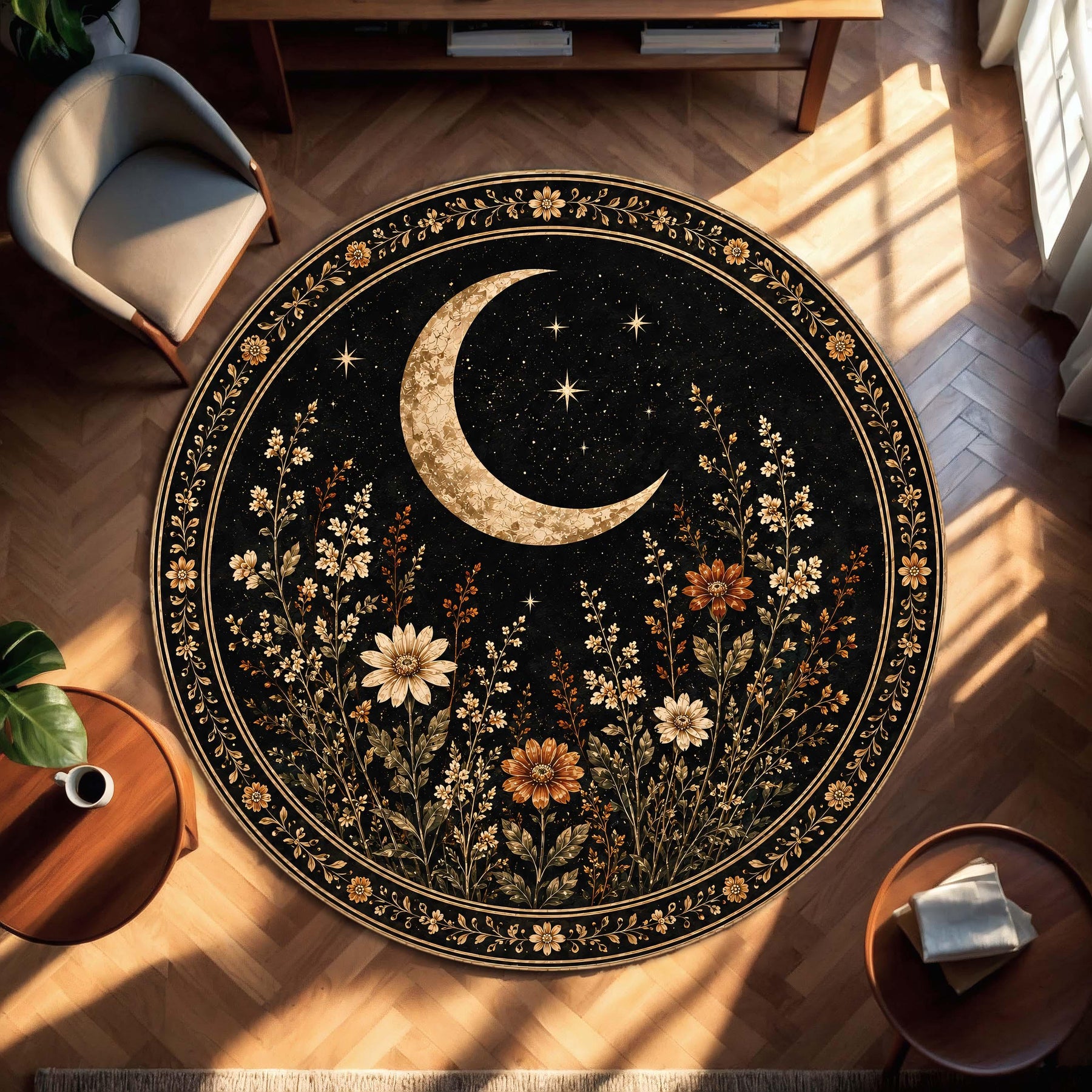 Celestial Moon Round Rug, Black Floral Area Carpet, Gothic Botanical Decor, Witchy Star Floor Mat, Dark Academia Living Room Accent