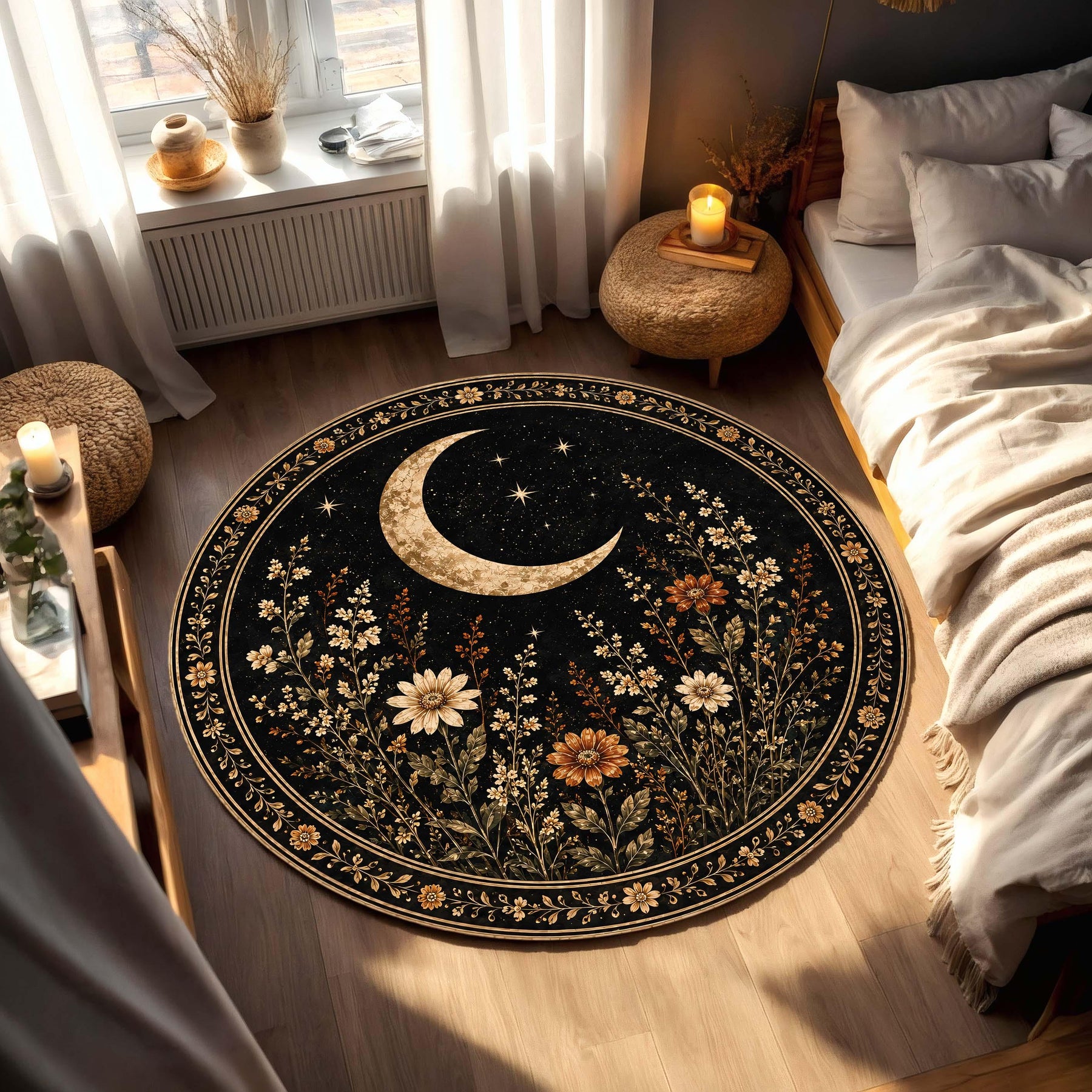 Celestial Moon Round Rug, Black Floral Area Carpet, Gothic Botanical Decor, Witchy Star Floor Mat, Dark Academia Living Room Accent