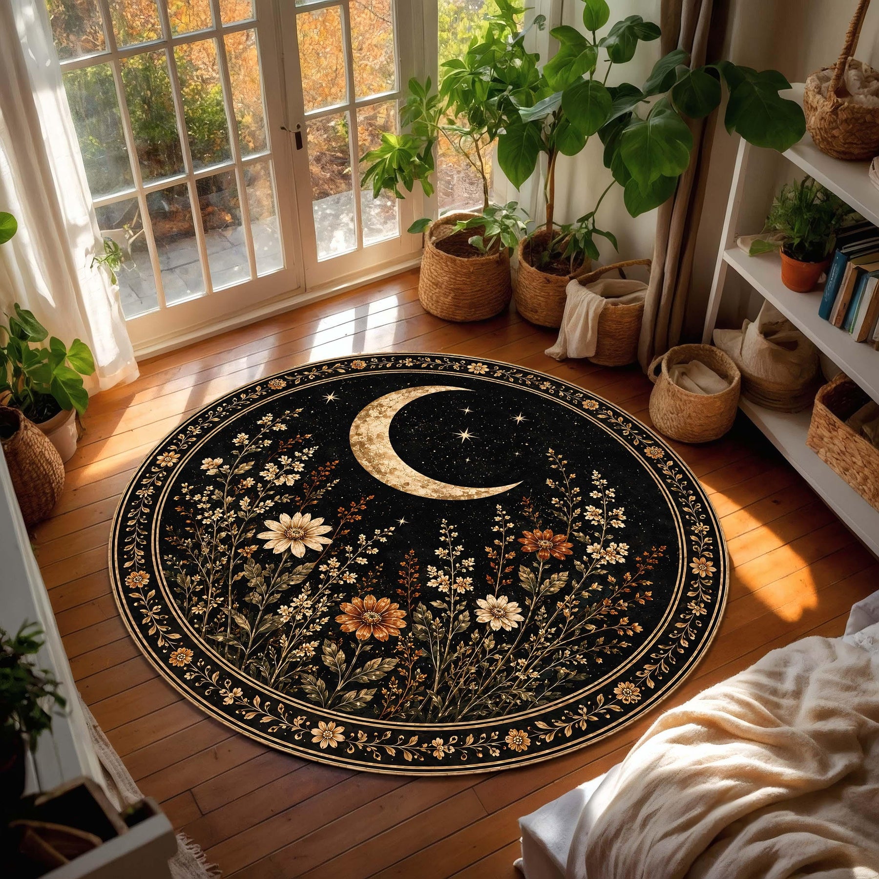 Celestial Moon Round Rug, Black Floral Area Carpet, Gothic Botanical Decor, Witchy Star Floor Mat, Dark Academia Living Room Accent