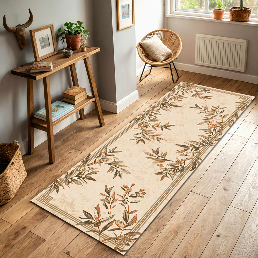Botanical Runner Rug, Beige Floral Hallway Carpet, Vintage Leaf Kitchen Rug, Neutral Cottagecore Entryway Decor, Boho Floor Rug Accent