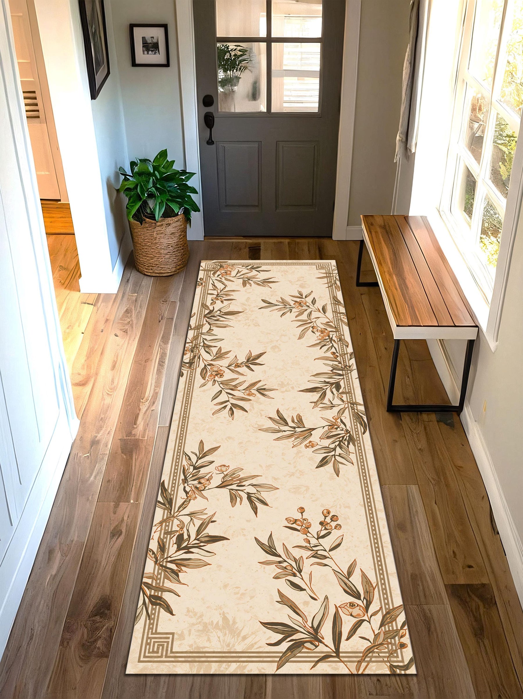 Botanical Runner Rug, Beige Floral Hallway Carpet, Vintage Leaf Kitchen Rug, Neutral Cottagecore Entryway Decor, Boho Floor Rug Accent
